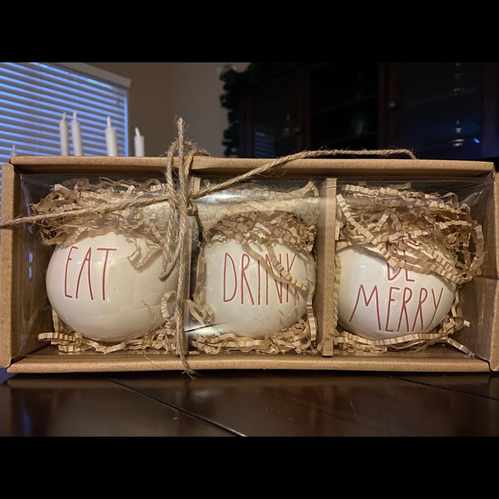 Rae Dunn EAT DRINK BE MERRY Ornaments set of 3